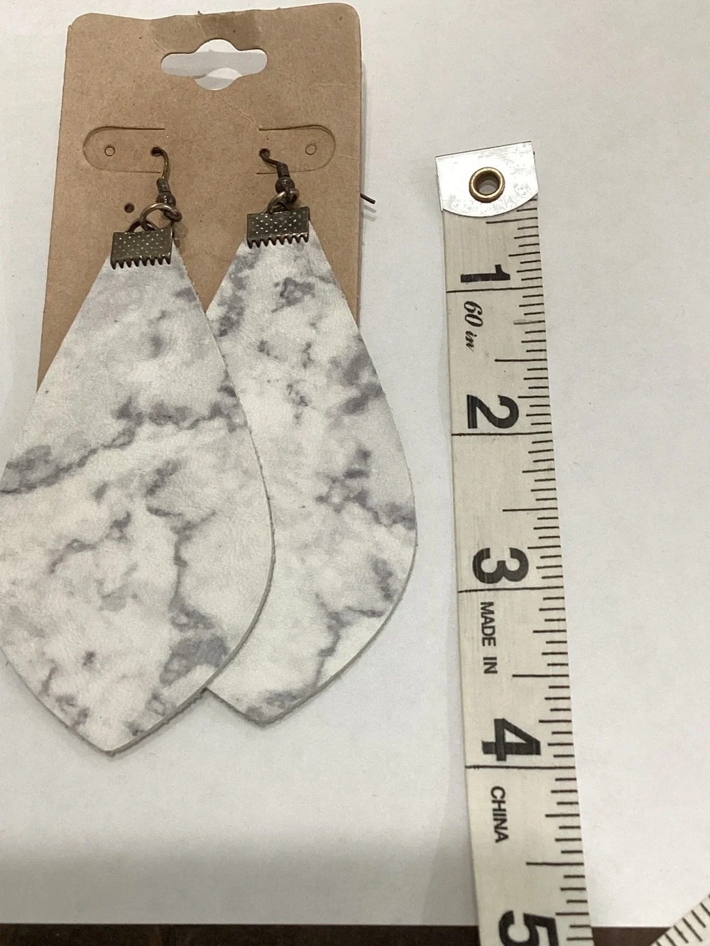 Marble-Print White Teardrop Leather‎ Earrings